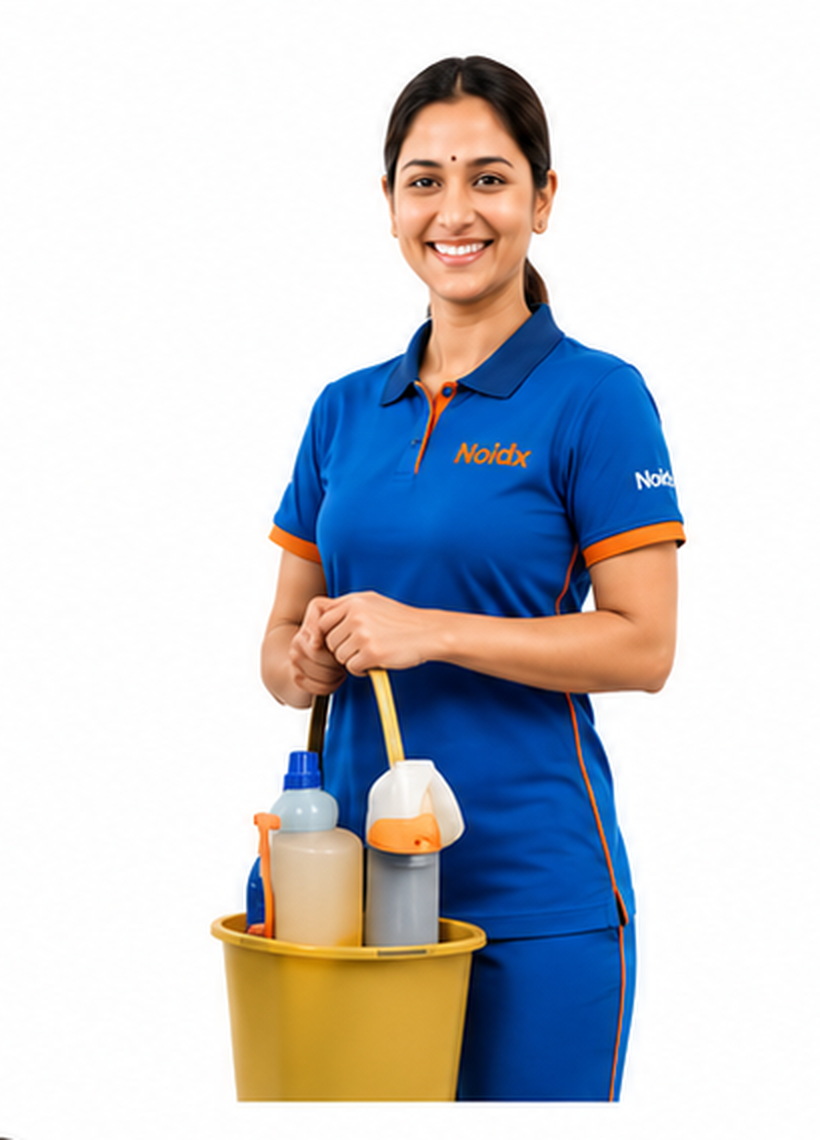 Broomy helper in uniform holding a cleaning bucket