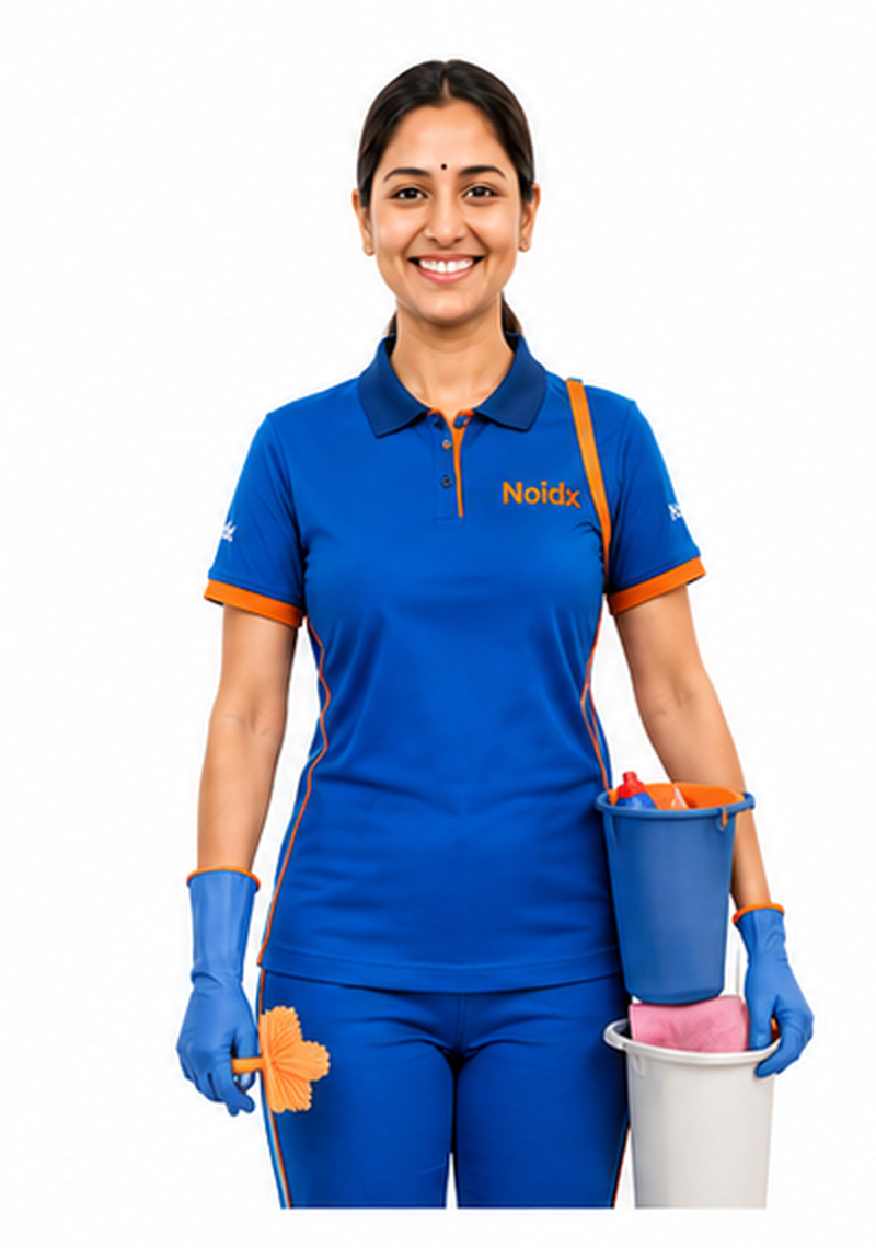 Broomy helper in uniform with gloves and cleaning supplies