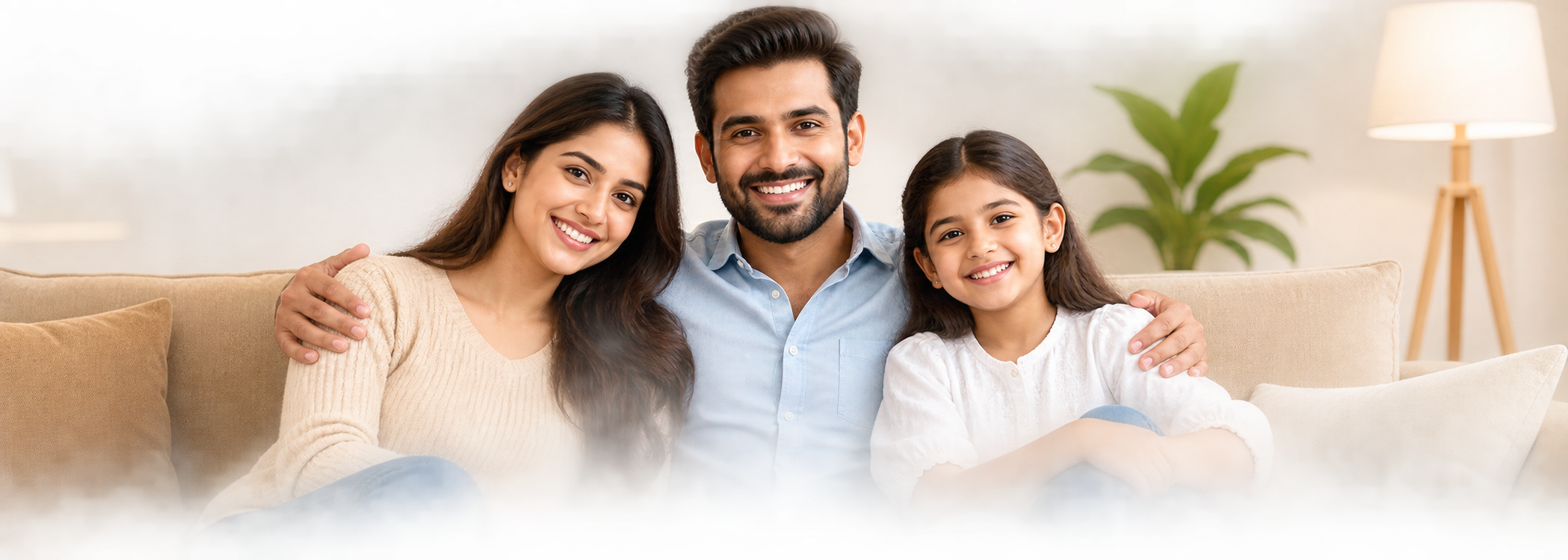 Happy family together on a sofa at home
