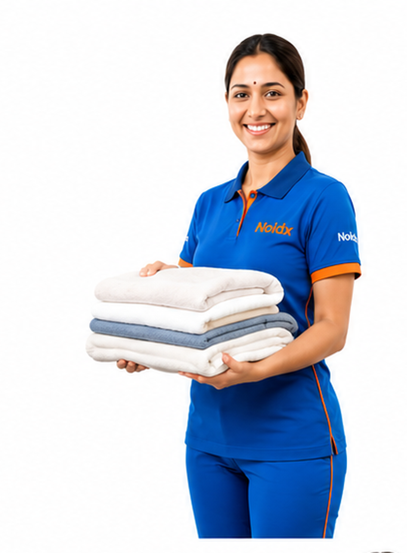 Broomy helper in uniform holding folded laundry